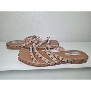 STEVE MADDEN Light Brown Leather Silver Studs Sandals SLIDE Size 8.5